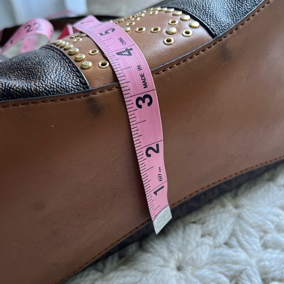 Michael Kors Brown Signature Coated Canvas Raven Large Studded Tote Bag - Picture 14 of 16